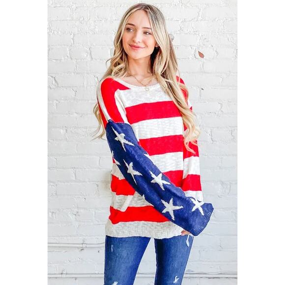 And The Why American Flag Pattern Long Sleeves Oversized Pullover Sweater | Red - Picture 6 of 9